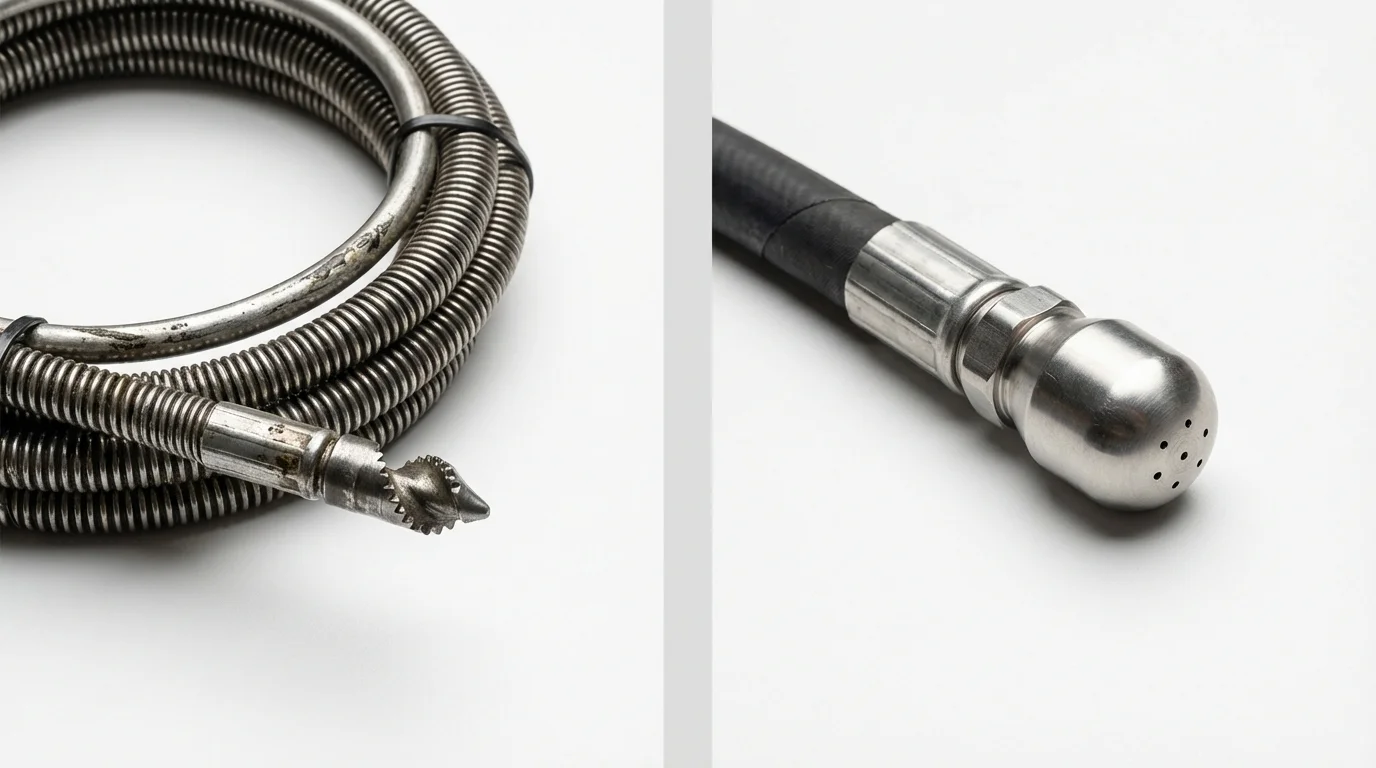 Drain snake cable and hydro jetting nozzle used for drain cleaning in Guthrie, TX
