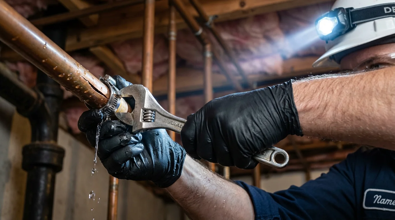 Emergency pipe clamp repair being performed by a Johns Plumbing LLC plumber in Guthrie