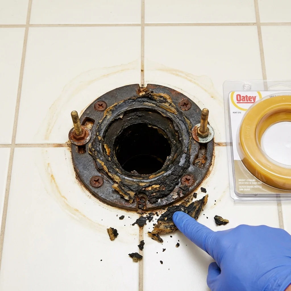 Failed wax ring showing water seepage at the base of a toilet in a Guthrie, TX home